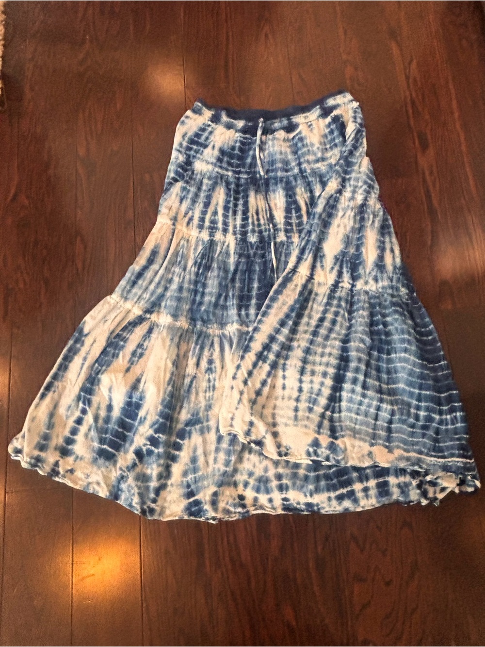 Tie-Dye Blue and White Tiered Skirt with Elastic Waist